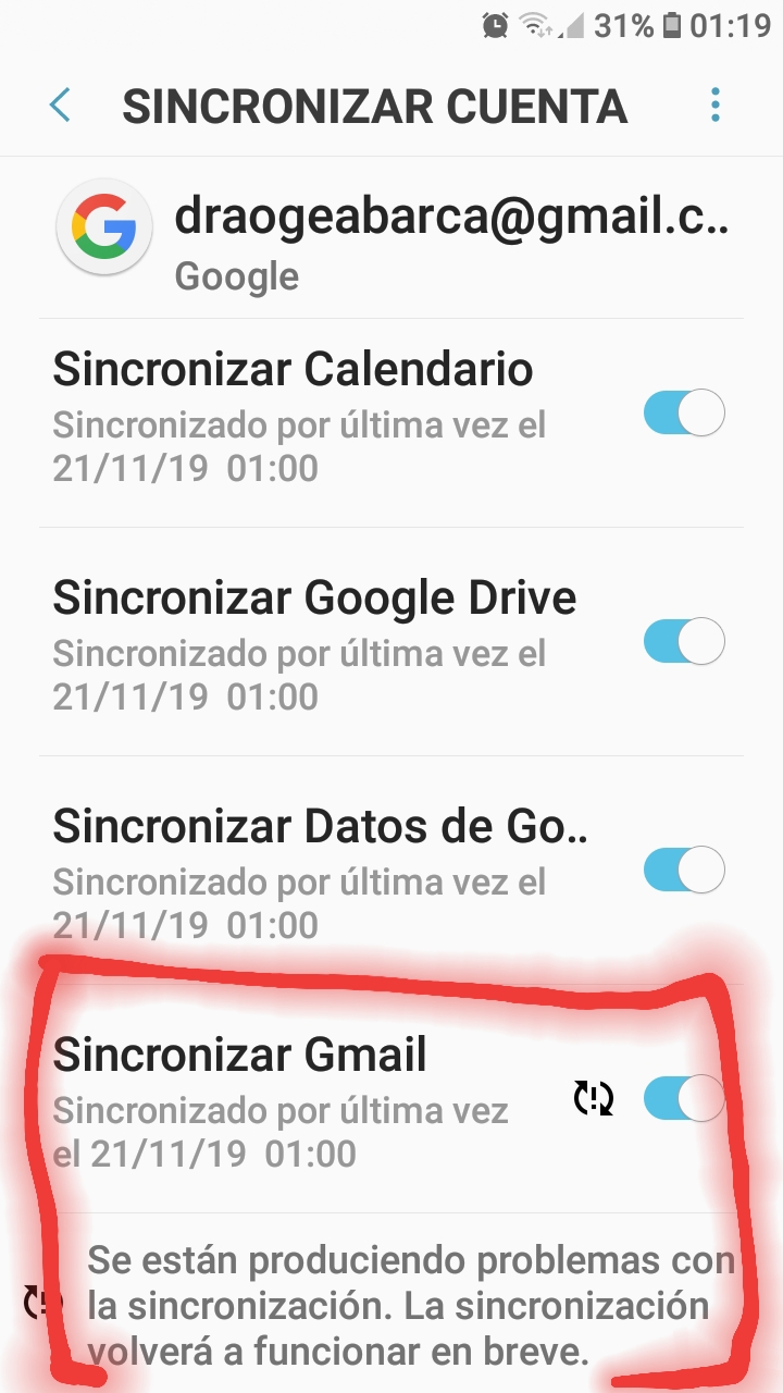 opción de para sincronizar tu gmail